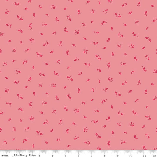 Image of Virginia Rose Leaflet Pink quilting cotton by Katherine Lenius for Riley Blake Designs. Features leaves on a pink background. Cute Little Fabric Shop
