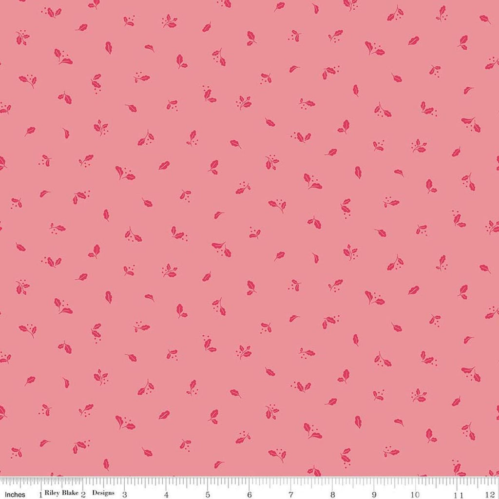 Image of Virginia Rose Leaflet Pink quilting cotton by Katherine Lenius for Riley Blake Designs. Features leaves on a pink background. Cute Little Fabric Shop
