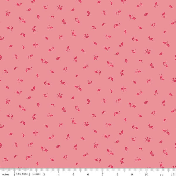 Image of Virginia Rose Leaflet Pink quilting cotton by Katherine Lenius for Riley Blake Designs. Features leaves on a pink background. Cute Little Fabric Shop