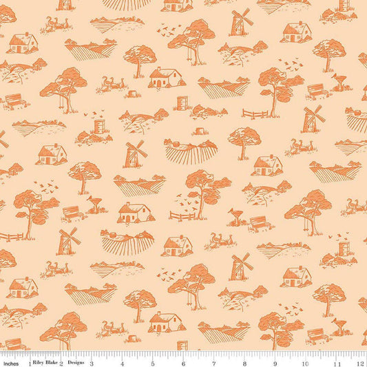 Image of Virginia Rose Toile Shell quilting cotton by Katherine Lenius for Riley Blake Designs. Features farm on an orange background. Cute Little Fabric Shop
