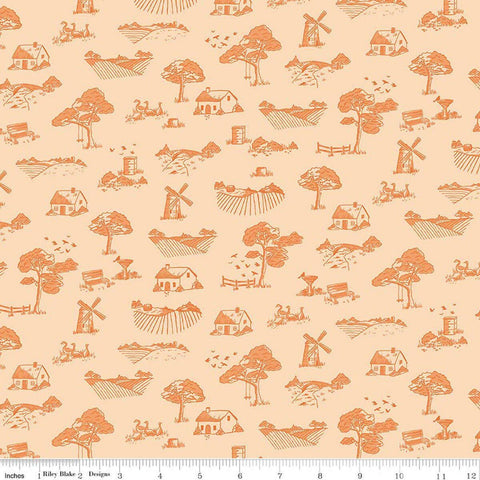 Image of Virginia Rose Toile Shell quilting cotton by Katherine Lenius for Riley Blake Designs. Features farm on an orange background. Cute Little Fabric Shop