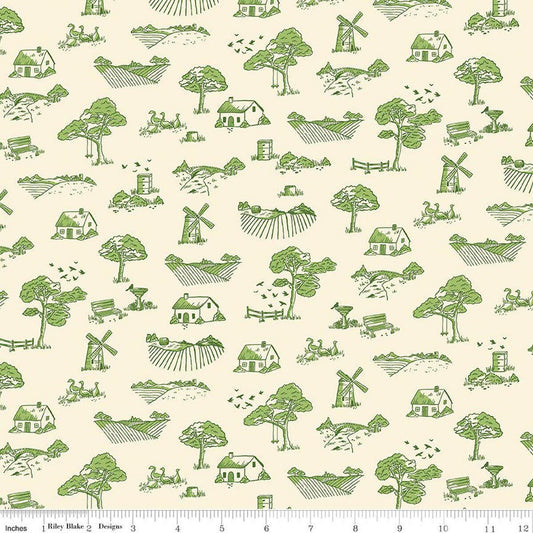 Image of Virginia Rose Toile Green quilting cotton by Katherine Lenius for Riley Blake Designs. Features farm on a cream background. Cute Little Fabric Shop