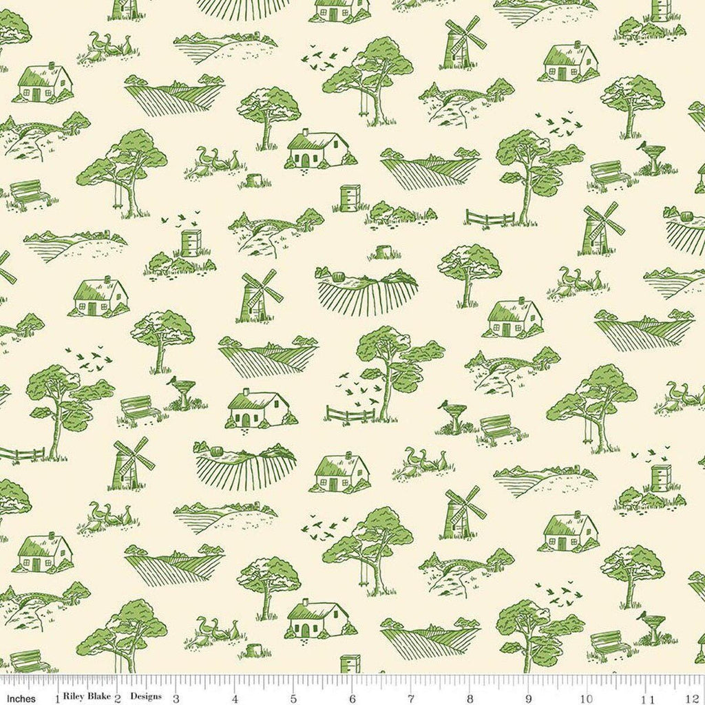 Image of Virginia Rose Toile Green quilting cotton by Katherine Lenius for Riley Blake Designs. Features farm on a cream background. Cute Little Fabric Shop