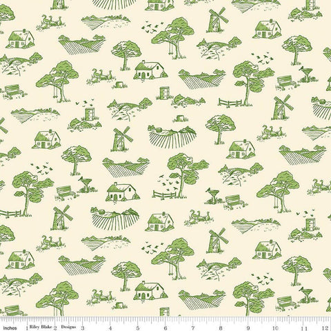 Image of Virginia Rose Toile Green quilting cotton by Katherine Lenius for Riley Blake Designs. Features farm on a cream background. Cute Little Fabric Shop