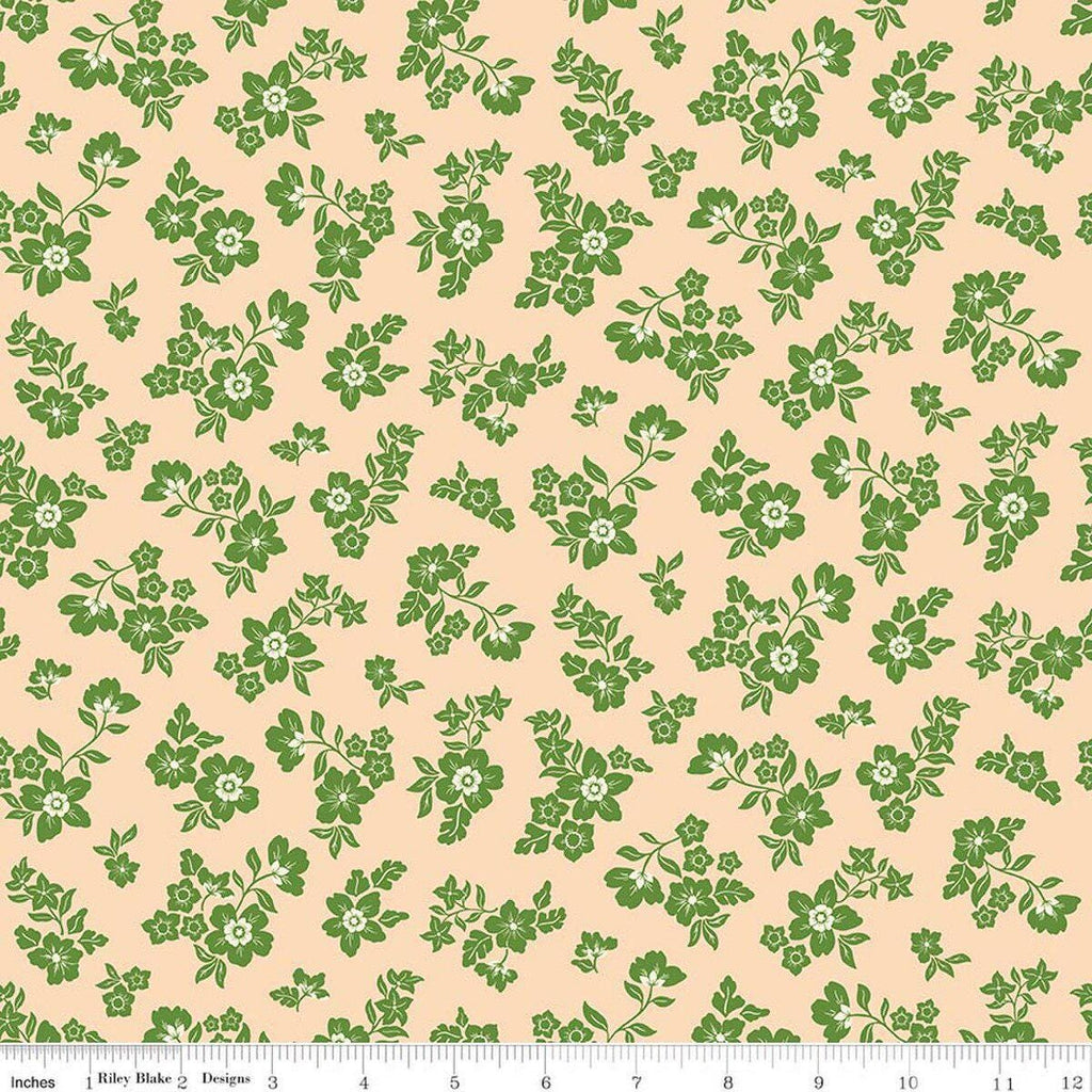 Image of Virginia Rose Primrose Shell quilting cotton by Katherine Lenius for Riley Blake Designs. Features flowers on a tan background. Cute Little Fabric Shop