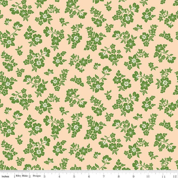 Image of Virginia Rose Primrose Shell quilting cotton by Katherine Lenius for Riley Blake Designs. Features flowers on a tan background. Cute Little Fabric Shop