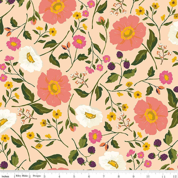 Image of Virginia Rose Main Shell quilting cotton by Katherine Lenius for Riley Blake Designs. Features flowers on a tan background. Cute Little Fabric Shop