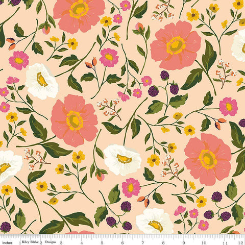 Image of Virginia Rose Main Shell quilting cotton by Katherine Lenius for Riley Blake Designs. Features flowers on a tan background. Cute Little Fabric Shop