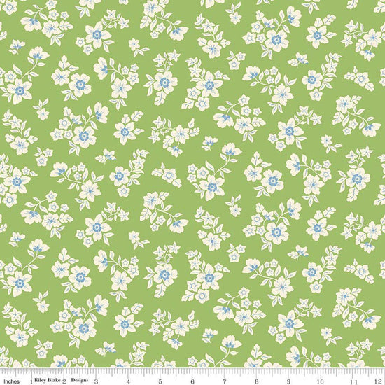 Image of Virginia Rose Primrose Green quilting cotton by Katherine Lenius for Riley Blake Designs. Features flowers on a green background. Cute Little Fabric Shop