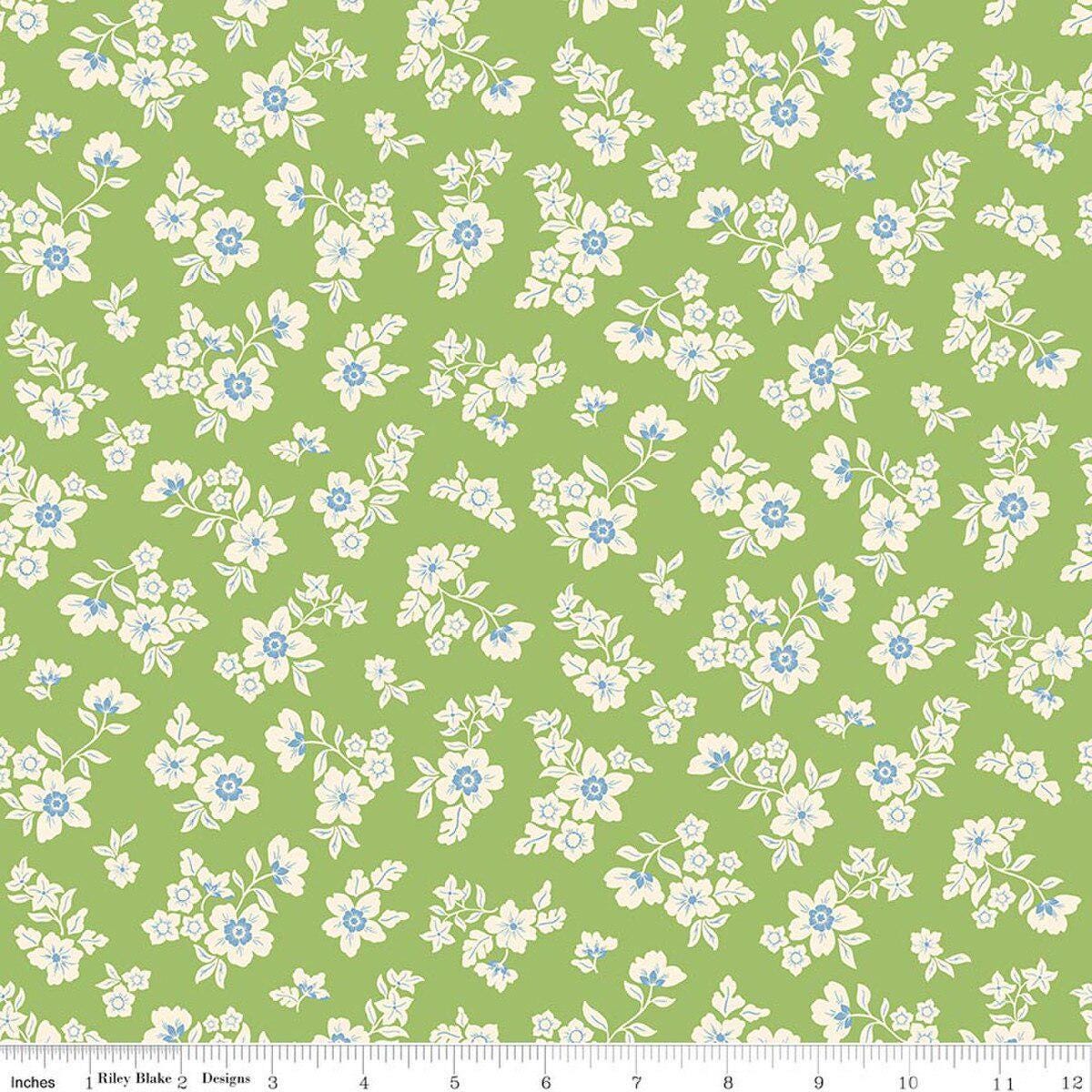 Image of Virginia Rose Primrose Green quilting cotton by Katherine Lenius for Riley Blake Designs. Features flowers on a green background. Cute Little Fabric Shop