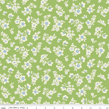 Image of Virginia Rose Primrose Green quilting cotton by Katherine Lenius for Riley Blake Designs. Features flowers on a green background. Cute Little Fabric Shop
