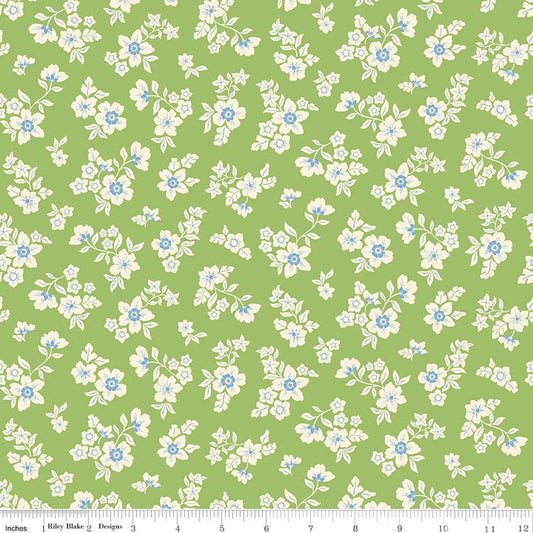 Image of Virginia Rose Primrose Green quilting cotton by Katherine Lenius for Riley Blake Designs. Features flowers on a green background. Cute Little Fabric Shop