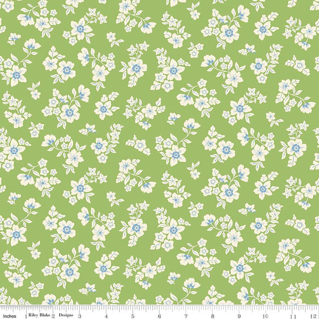 Image of Virginia Rose Primrose Green quilting cotton by Katherine Lenius for Riley Blake Designs. Features flowers on a green background. Cute Little Fabric Shop