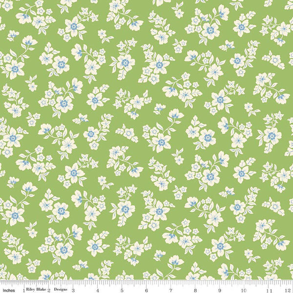 Image of Virginia Rose Primrose Green quilting cotton by Katherine Lenius for Riley Blake Designs. Features flowers on a green background. Cute Little Fabric Shop