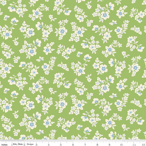 Image of Virginia Rose Primrose Green quilting cotton by Katherine Lenius for Riley Blake Designs. Features flowers on a green background. Cute Little Fabric Shop
