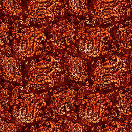 Image of Born to Run Paisley Cayenne quilting cotton fabric by Dan Morris for QT Fabrics. Features paisley on a red brown background. Cute Little Fabric Shop