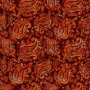 Image of Born to Run Paisley Cayenne quilting cotton fabric by Dan Morris for QT Fabrics. Features paisley on a red brown background. Cute Little Fabric Shop