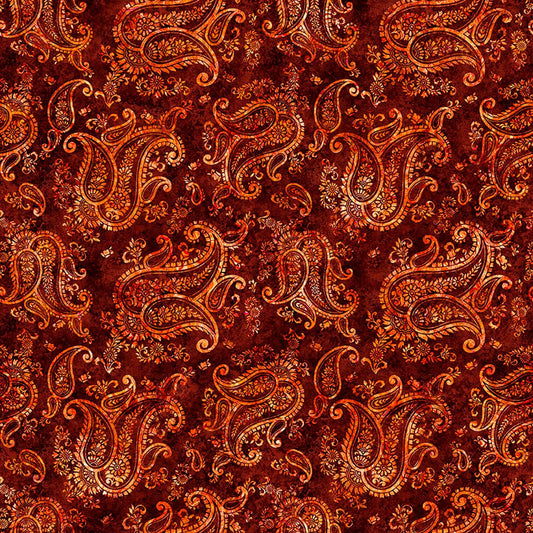 Image of Born to Run Paisley Cayenne quilting cotton fabric by Dan Morris for QT Fabrics. Features paisley on a red brown background. Cute Little Fabric Shop