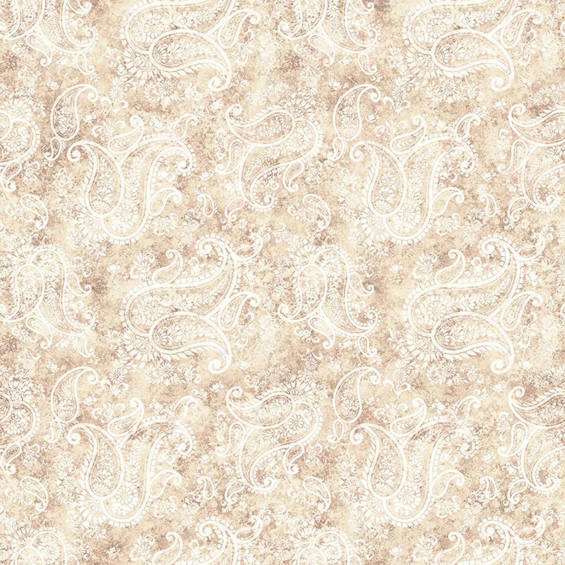 Image of Born to Run Paisley Driftwood quilting cotton fabric by Dan Morris for QT Fabrics. Features paisley on an off-white background. Cute Little Fabric Shop