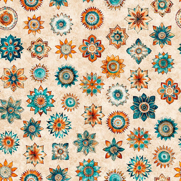 Image of Born to Run Mandalas Tan quilting cotton fabric by Dan Morris for QT Fabrics. Features flowers on a cream background. Cute Little Fabric Shop