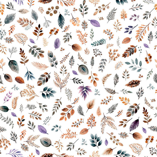 Image of Night Owls Foliage White quilting cotton by Morris Creative Group for QT Fabrics. Features leaves on a white background. Cute Little Fabric Shop