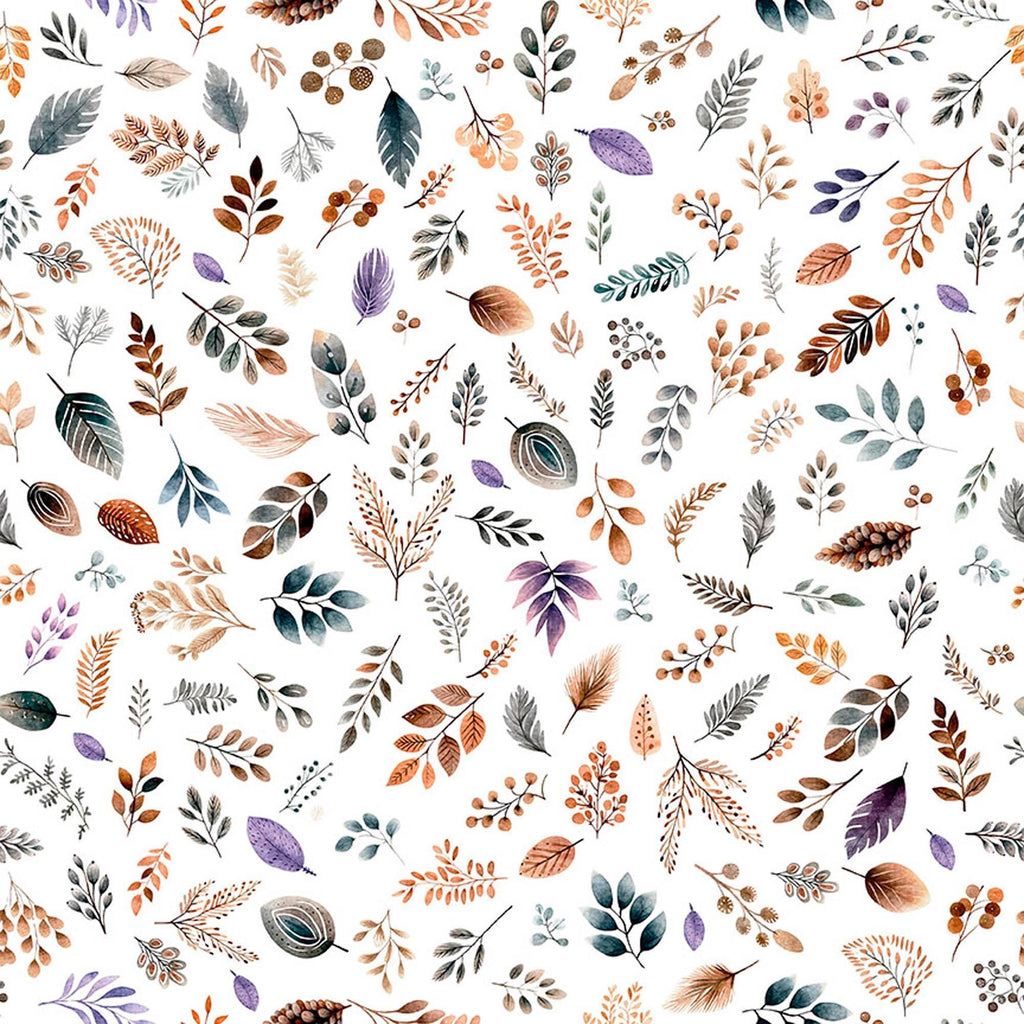 Image of Night Owls Foliage White quilting cotton by Morris Creative Group for QT Fabrics. Features leaves on a white background. Cute Little Fabric Shop