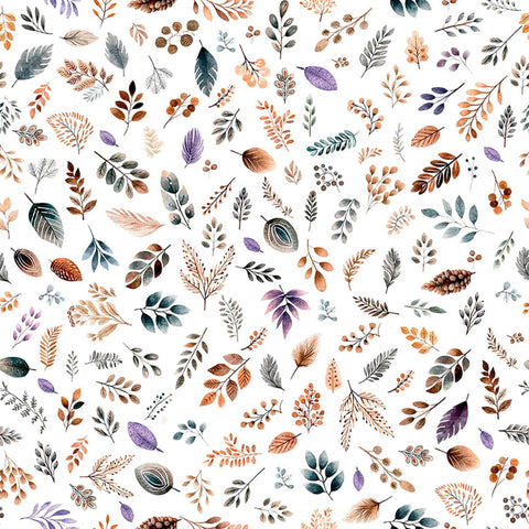 Image of Night Owls Foliage White quilting cotton by Morris Creative Group for QT Fabrics. Features leaves on a white background. Cute Little Fabric Shop