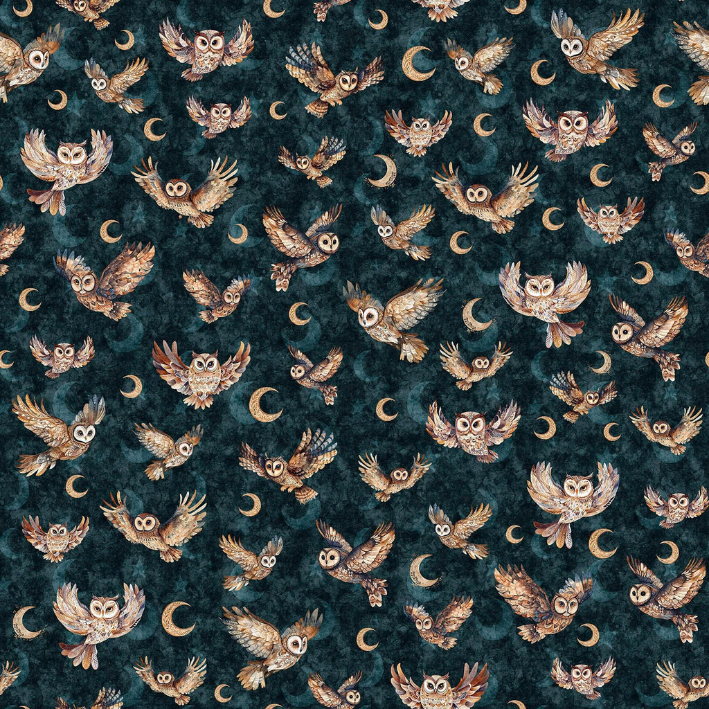Image of Night Owls Flying Owls Teal quilting cotton by Morris Creative Group for QT Fabrics. Features owls on a blue background. Cute Little Fabric Shop