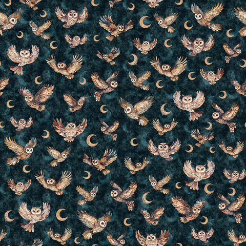 Image of Night Owls Flying Owls Teal quilting cotton by Morris Creative Group for QT Fabrics. Features owls on a blue background. Cute Little Fabric Shop