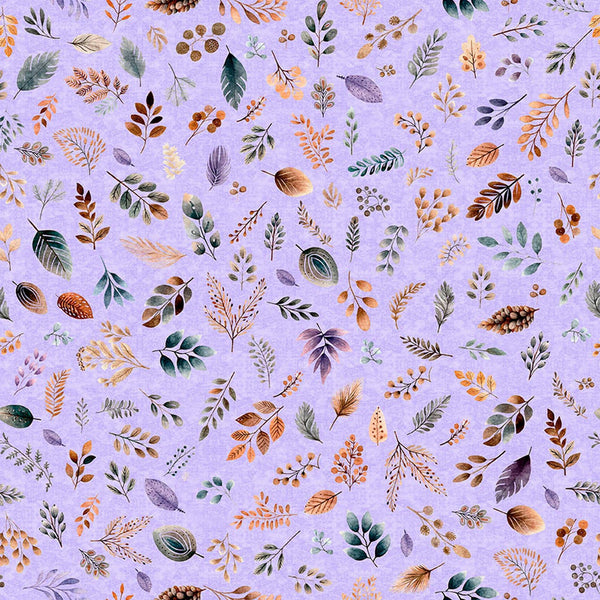 Image of Night Owls Foliage Lilac quilting cotton by Morris Creative Group for QT Fabrics. Features leaves on a purple background. Cute Little Fabric Shop