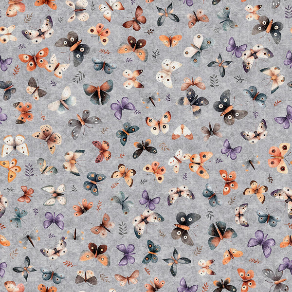 Image of Night Owls Moths Gray quilting cotton by Morris Creative Group for QT Fabrics. Features moths on a gray background. Cute Little Fabric Shop