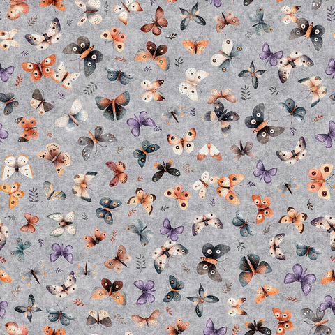 Image of Night Owls Moths Gray quilting cotton by Morris Creative Group for QT Fabrics. Features moths on a gray background. Cute Little Fabric Shop