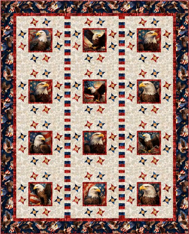Stars Around Quilt Kit - QT Fabrics - Pattern Fabric - Patriotic Bald Eagle USA - Quilting Cotton Fabric - Panel Quilt