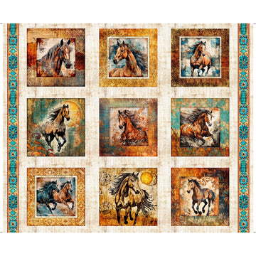 Born To Run Wild Horse Picture Patches Panel Cream Western Fabric 31475 - QT Quilting Cotton Fabric