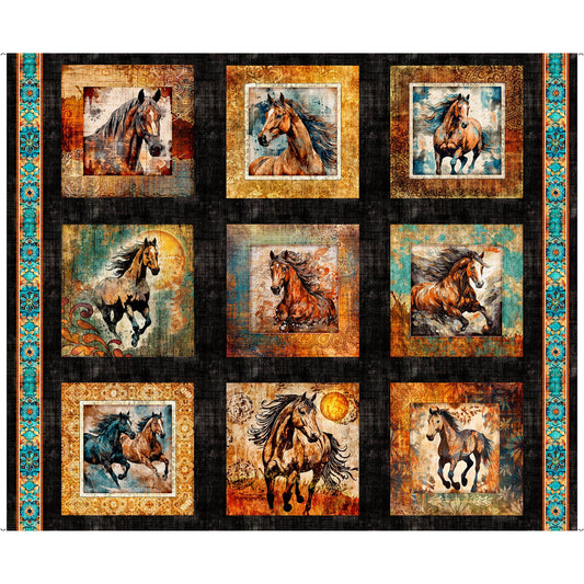 Born To Run Wild Horse Picture Patches Panel 31475 Black J - QT Fabrics - Wild Western - Quilting Cotton Fabric