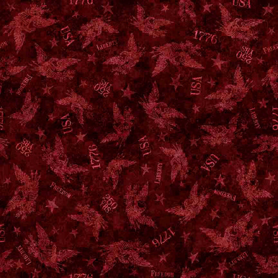 Image of 1776 Tonal American Eagle Garnet quilting cotton fabric by Morris Creative Group for QT Fabrics. Features eagles on a red background. Cute Little Fabric Shop