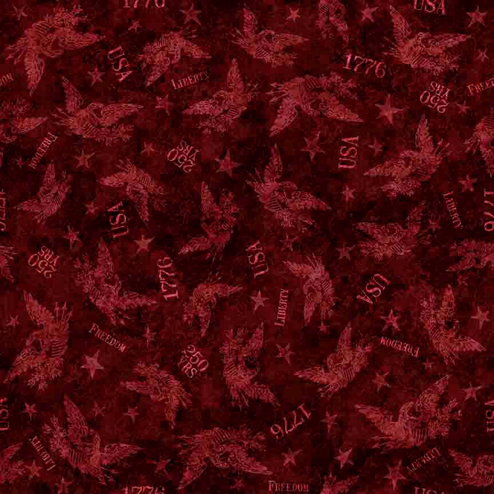 Image of 1776 Tonal American Eagle Garnet quilting cotton fabric by Morris Creative Group for QT Fabrics. Features eagles on a red background. Cute Little Fabric Shop