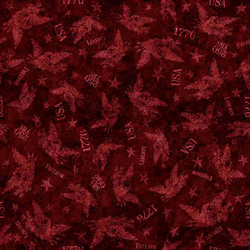 Image of 1776 Tonal American Eagle Garnet quilting cotton fabric by Morris Creative Group for QT Fabrics. Features eagles on a red background. Cute Little Fabric Shop