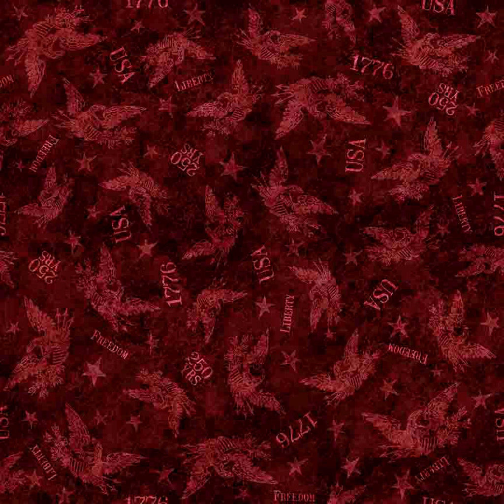 Image of 1776 Tonal American Eagle Garnet quilting cotton fabric by Morris Creative Group for QT Fabrics. Features eagles on a red background. Cute Little Fabric Shop