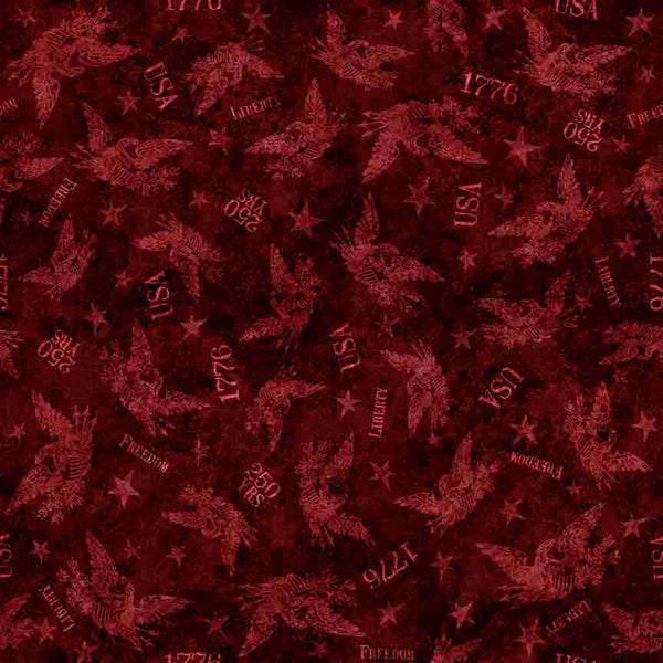 Image of 1776 Tonal American Eagle Garnet quilting cotton fabric by Morris Creative Group for QT Fabrics. Features eagles on a red background. Cute Little Fabric Shop