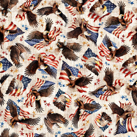 Image of 1776 American Eagle & Flag Toss Birch quilting cotton fabric by Morris Creative Group for QT Fabrics. Features eagles on a cream background. Cute Little Fabric Shop