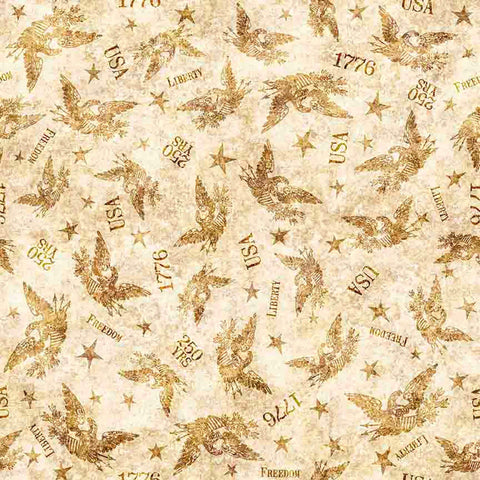 Image of 1776 Tonal American Eagle Tan quilting cotton fabric by Morris Creative Group for QT Fabrics. Features eagles on a cream background. Cute Little Fabric Shop