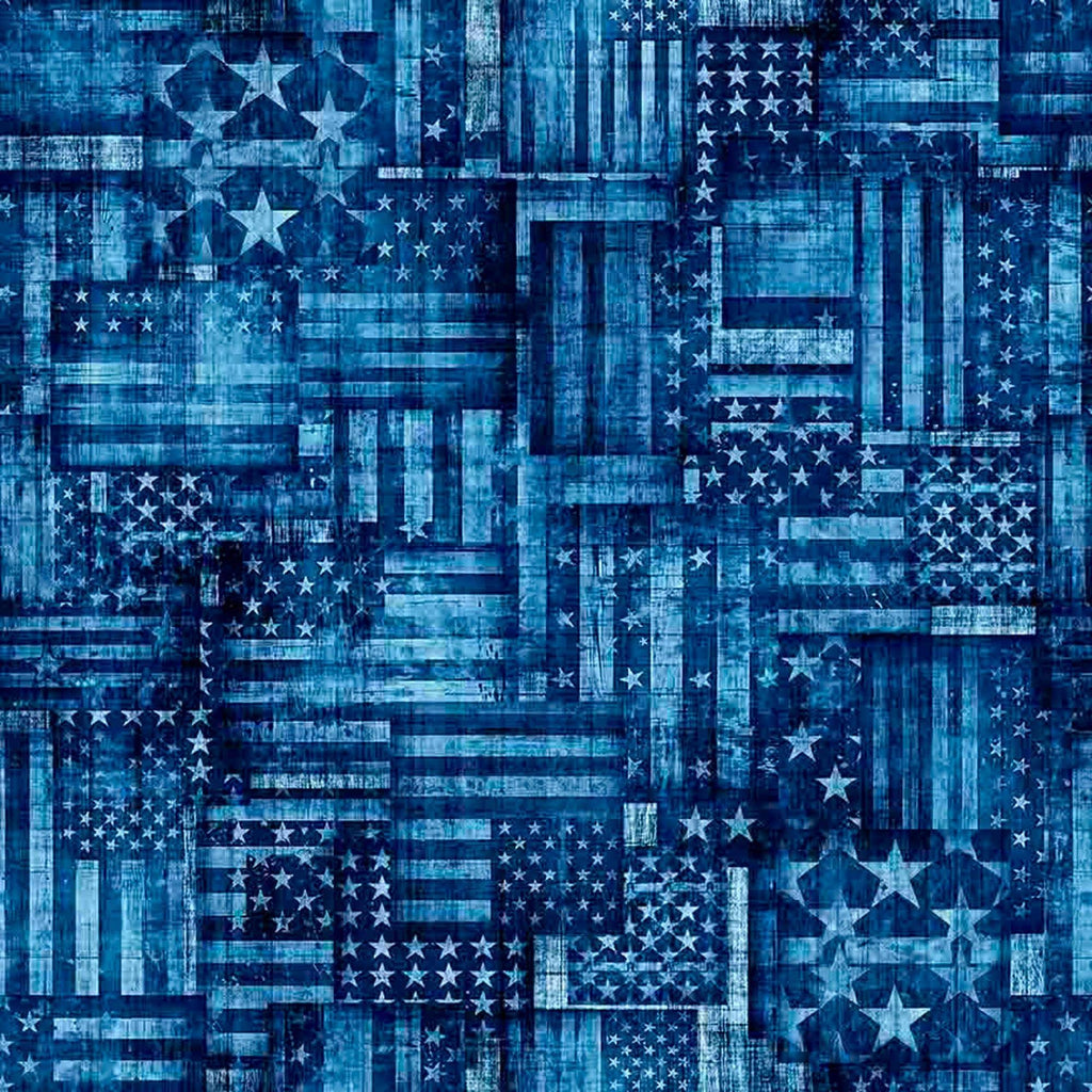 Image of 1776 American Flag Patchwork Blue quilting cotton fabric by Morris Creative Group for QT Fabrics. Features flags on a blue background. Cute Little Fabric Shop