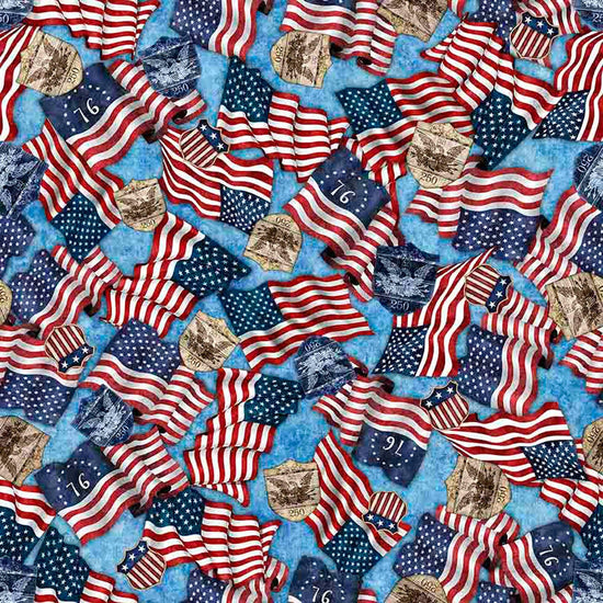 Image of 1776 American Flag & 250 Crest Blue quilting cotton fabric by Morris Creative Group for QT Fabrics. Features flags on a blue background. Cute Little Fabric Shop