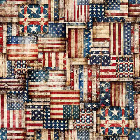 Image of 1776 American Flag Patchwork Navy Red quilting cotton fabric by Morris Creative Group for QT Fabrics. Features flags on a cream background. Cute Little Fabric Shop