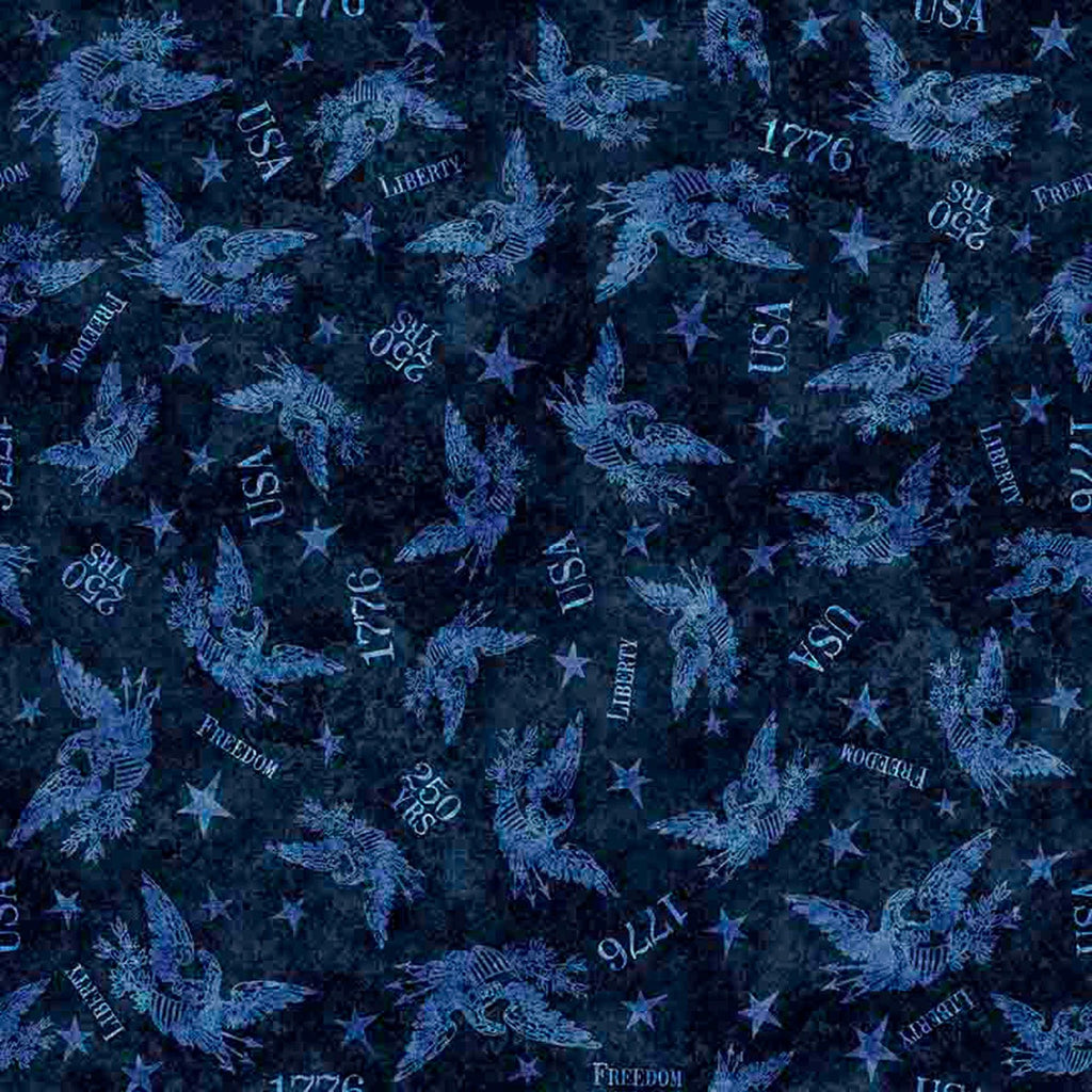 Image of 1776 Tonal American Eagle Dark Blue quilting cotton fabric by Morris Creative Group for QT Fabrics. Features eagles on a blue background. Cute Little Fabric Shop