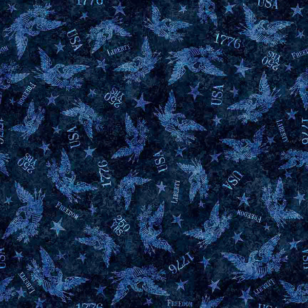 Image of 1776 Tonal American Eagle Dark Blue quilting cotton fabric by Morris Creative Group for QT Fabrics. Features eagles on a blue background. Cute Little Fabric Shop