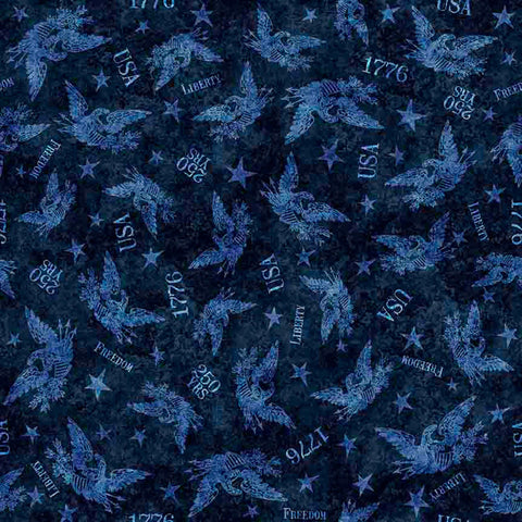 Image of 1776 Tonal American Eagle Dark Blue quilting cotton fabric by Morris Creative Group for QT Fabrics. Features eagles on a blue background. Cute Little Fabric Shop