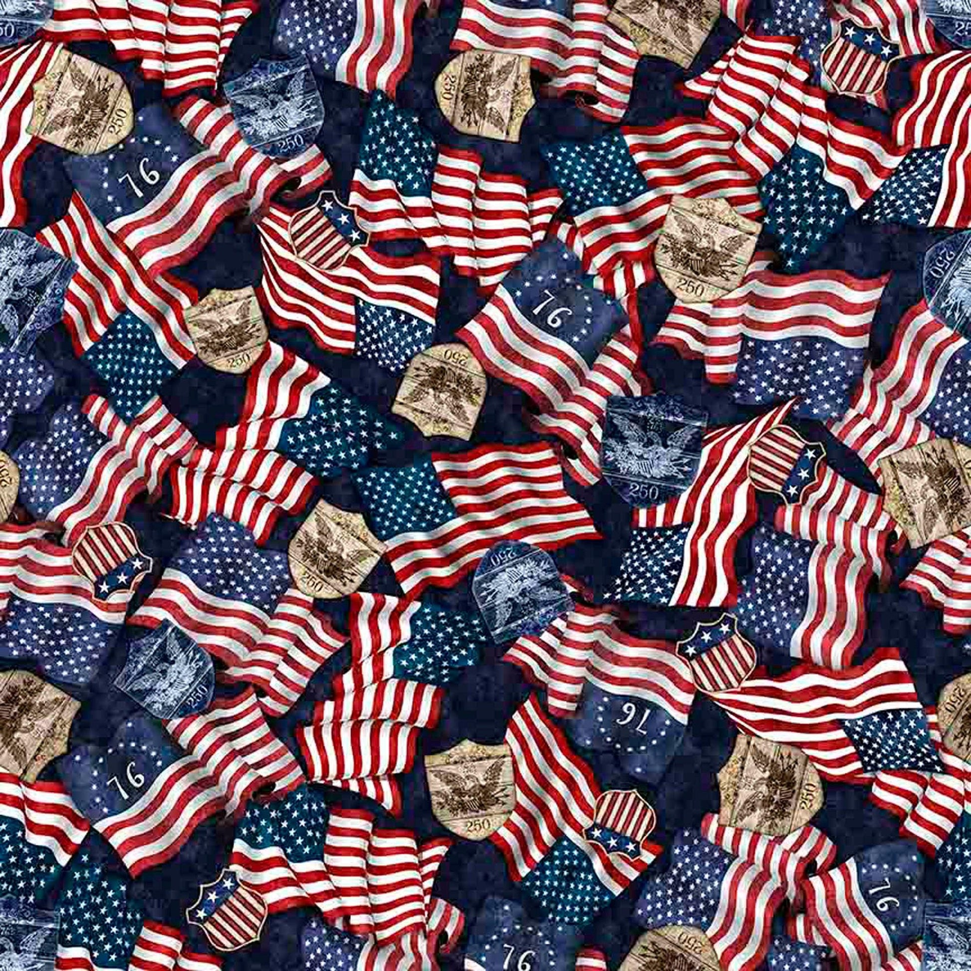 Image of 1776 American Flag & 250 Crest Dark Navy quilting cotton fabric by Morris Creative Group for QT Fabrics. Features flags on a blue background. Cute Little Fabric Shop
