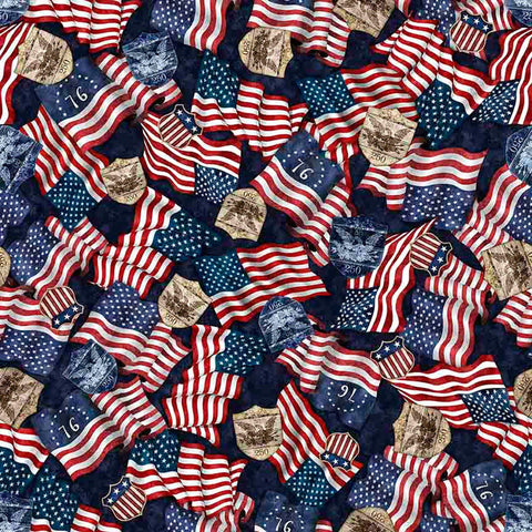 Image of 1776 American Flag & 250 Crest Dark Navy quilting cotton fabric by Morris Creative Group for QT Fabrics. Features flags on a blue background. Cute Little Fabric Shop